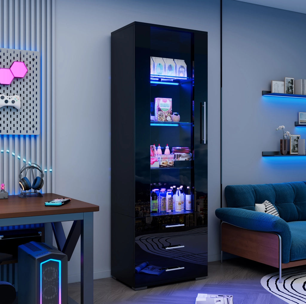 Vetrina alta nera con LED, 3 cassetti e ante in acrilico, 60 x 35 x 180 cm