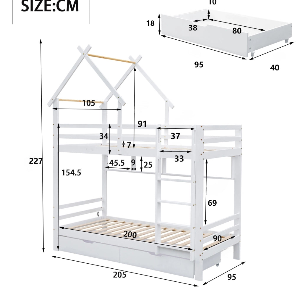 Letto a castello con cassetti e mensole, struttura in legno, bianco 90x200 cm