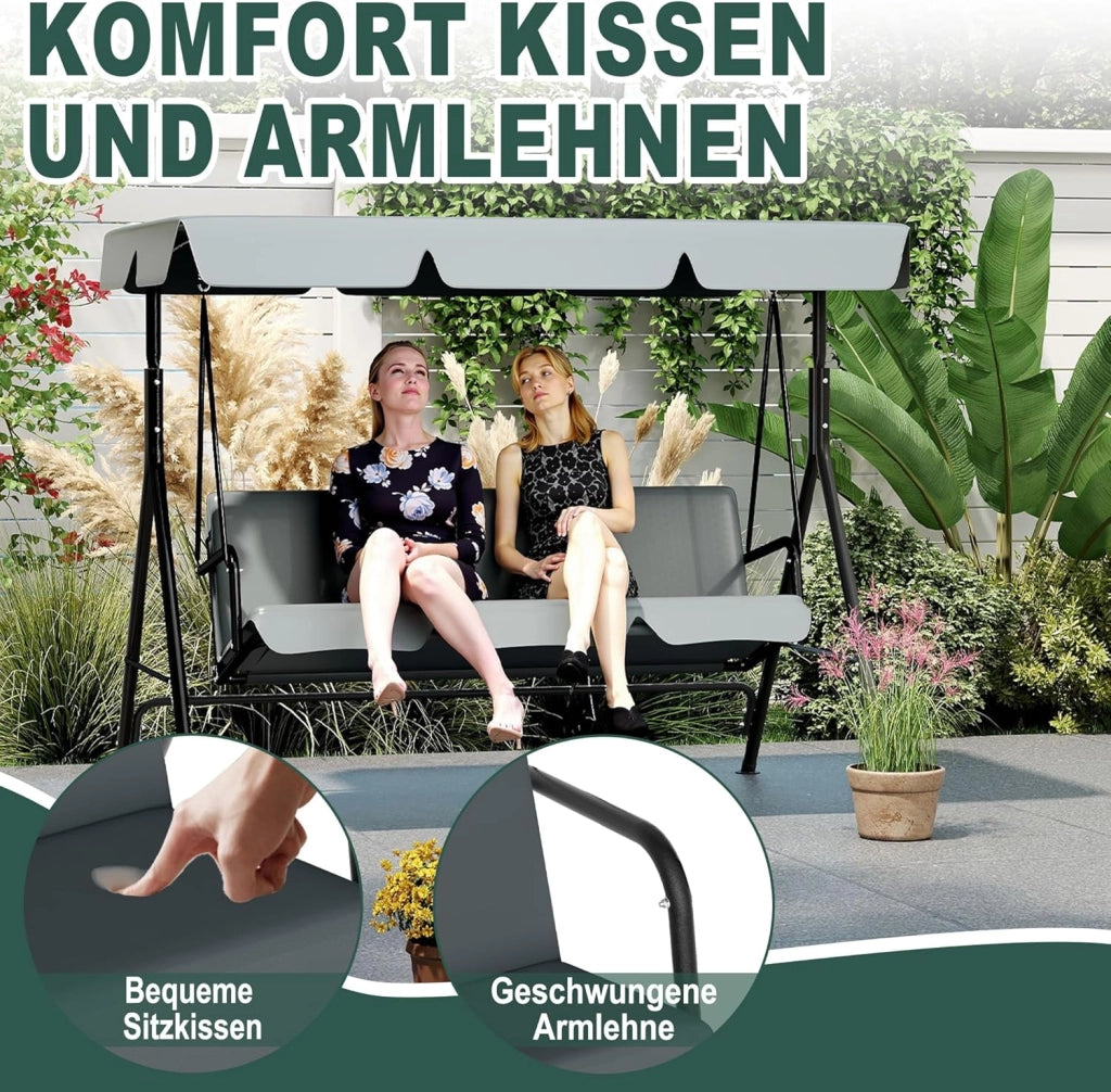 Dondolo da giardino a 3 posti, con rivestimento regolabile sul tetto, panca a dondolo da giardino, altalena sospesa, portata fino a 200 kg, 193 x 110 x 152 cm, antracite