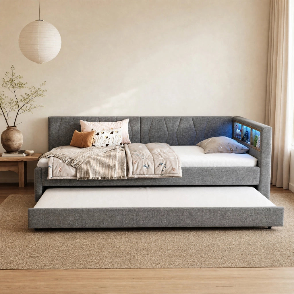 Letto estraibile 90x200 cm grigio con LED, USB e Type-C