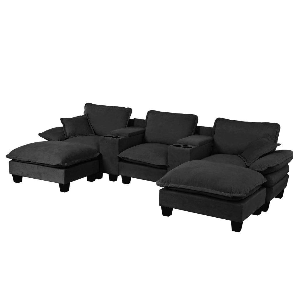 Divano modulare a U Cloud in chenille nero con portabevande, porta USB, 2 pouf e 2 cuscini, 323x155x90 cm