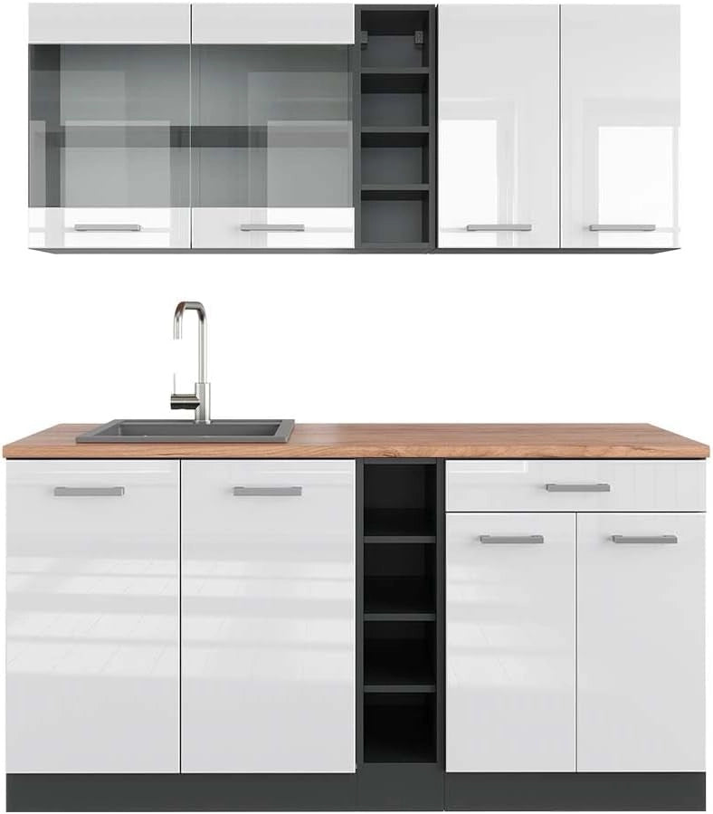 Cucina completa R-Line, Bianco lucido/antracite, 160 cm, PL Rovere, adatto per l'espansione individuale con moduli aggiuntivi