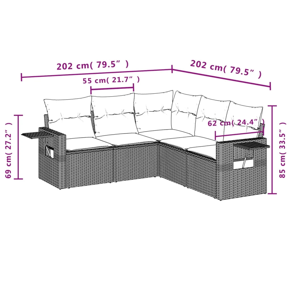 Set Divano da Giardino 5 pz con Cuscini Marrone in Polyrattan