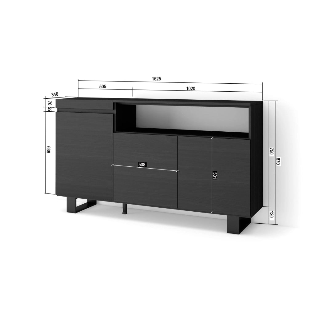 Credenza, Mobile, 150x35x87cm, 3 Porte, Design industriale, Nero RF2513
