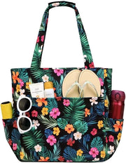 Borsa da spiaggia impermeabile e resistente al sabbia con grande zip e design pieghevole - Disegno floreale | (adatta per donne)