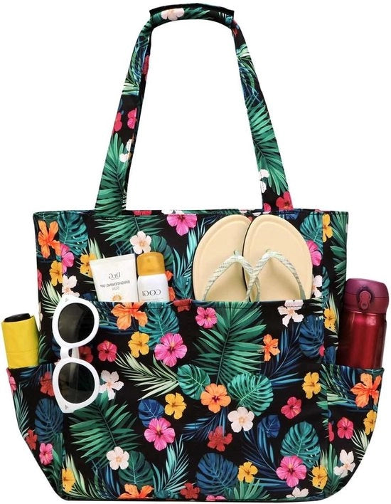Borsa da spiaggia impermeabile e resistente al sabbia con grande zip e design pieghevole - Disegno floreale | (adatta per donne)