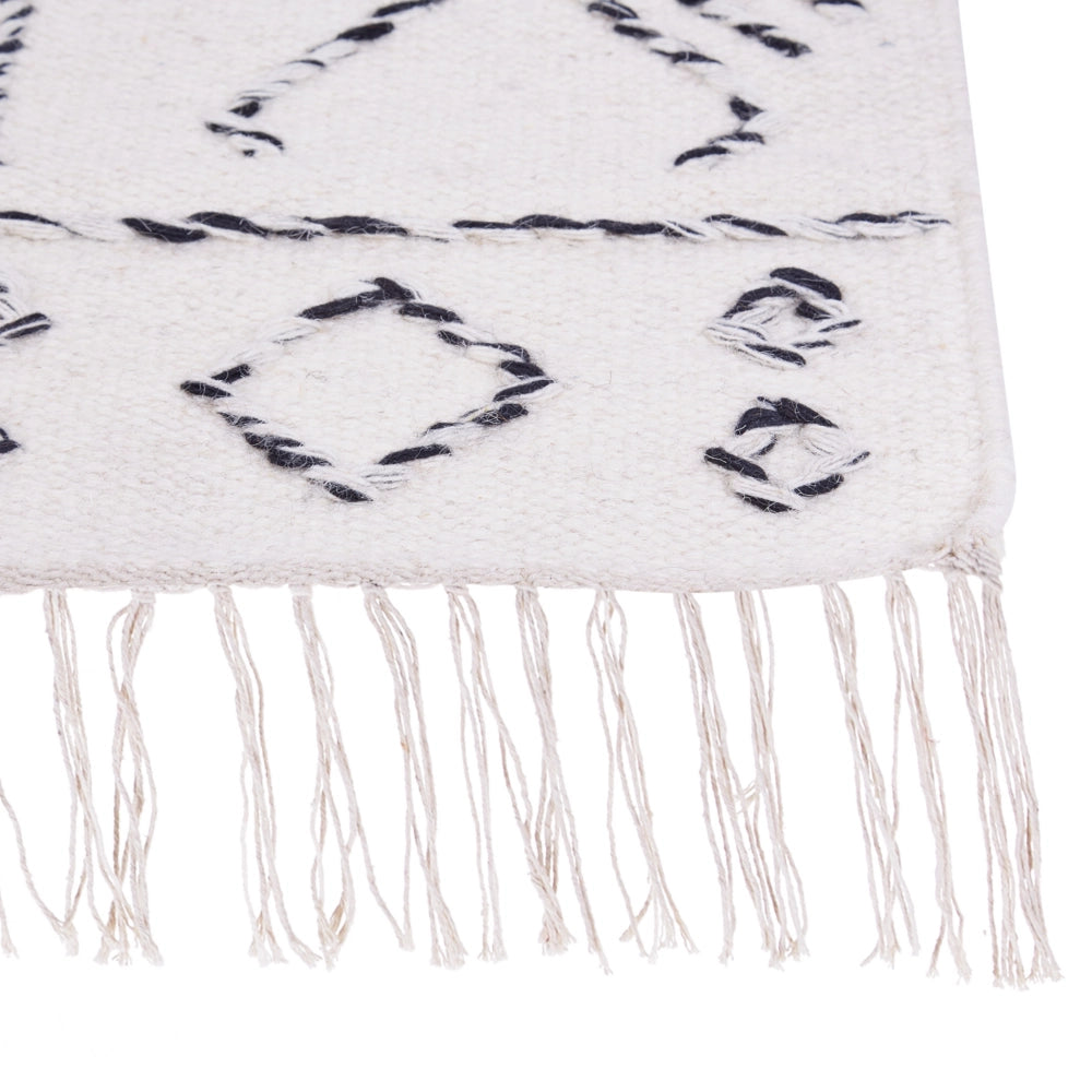 Tappeto in lana bianco sporco e nero con motivo azteco 80 x 150 cm a pelo basso Moderno Vintage