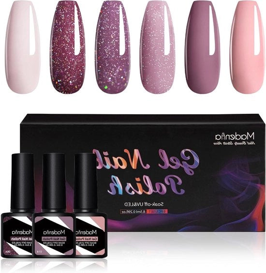 Set di Vernice a Guscio per Unghie in Gel 6 Colori: Rosso Nero Bianco Burgundy Glitter Assorbimento UV/LED Manicure Rapida DIY per Donne 8.5 ML (Viola)