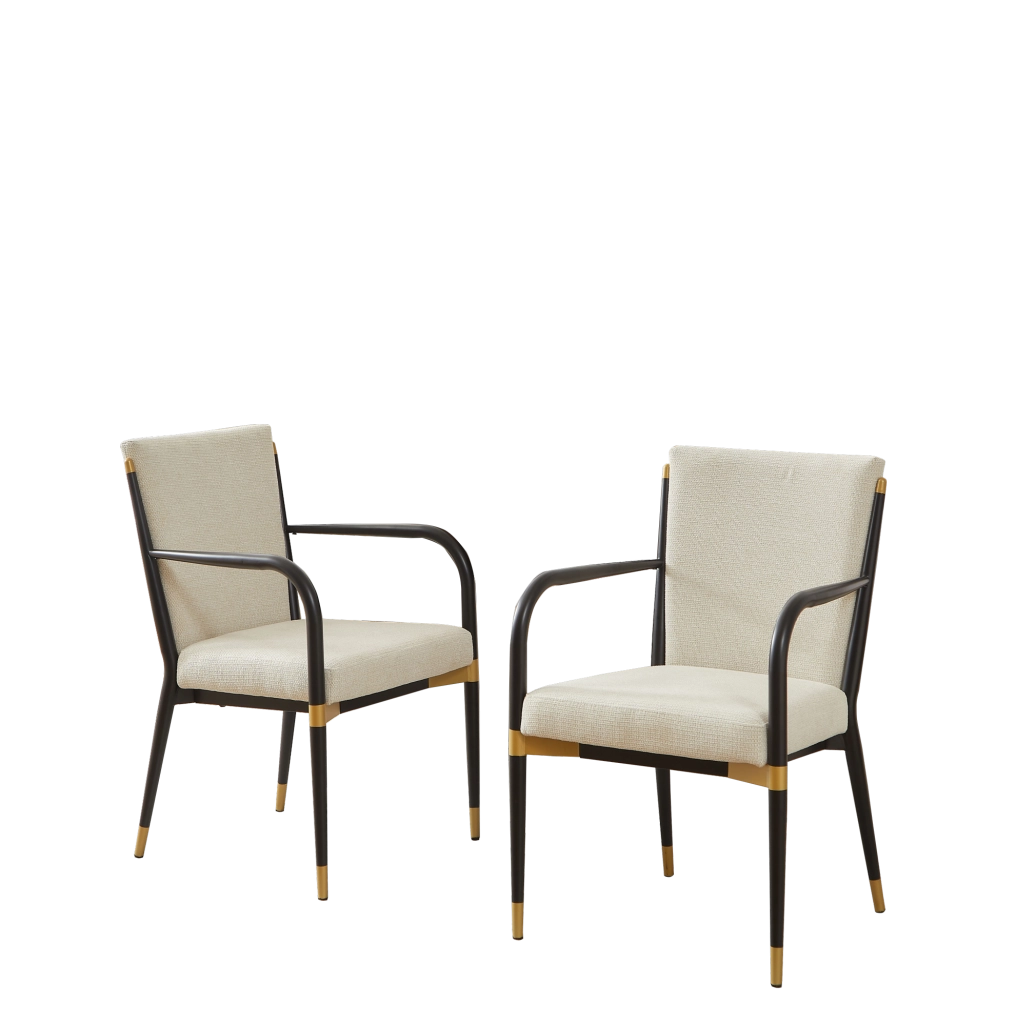 Set di 2 sedie da pranzo con braccioli; tessuto beige; struttura nera con dettagli dorati