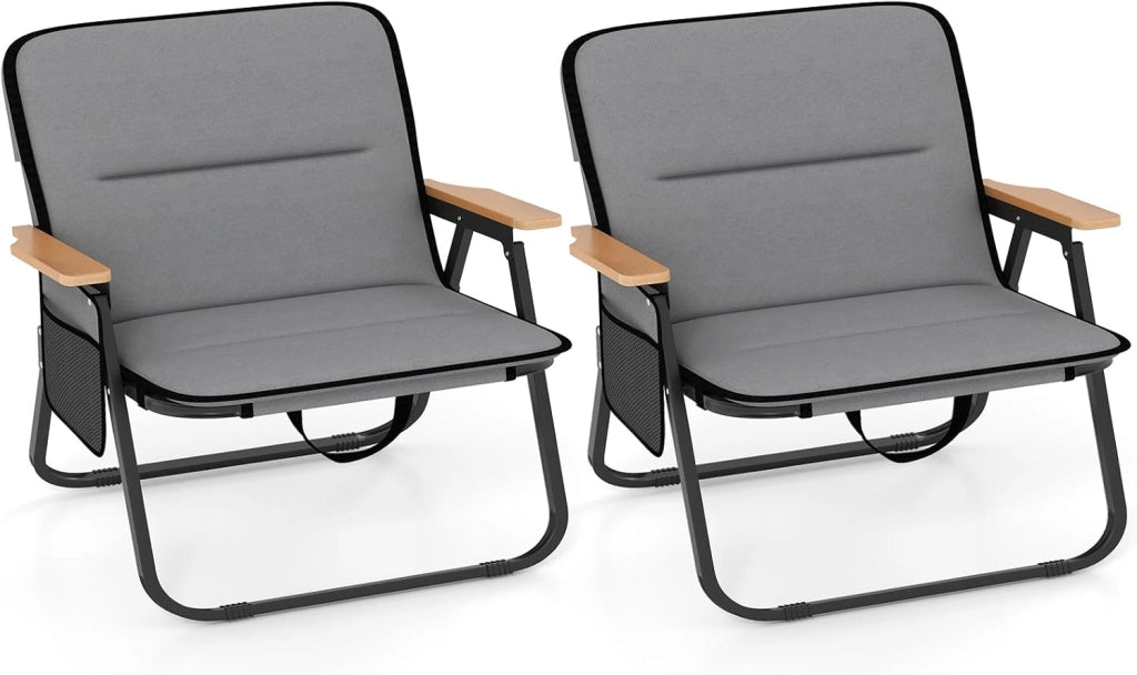 Set di 2 Sedie da Campeggio Pieghevoli, Sedie Portatili da Esterno con Cuscino Rimovibile, Tasca Laterale, Braccioli, Sedie da Spiaggia Resistenti per Esterni, Supporta 150 kg, Grigio