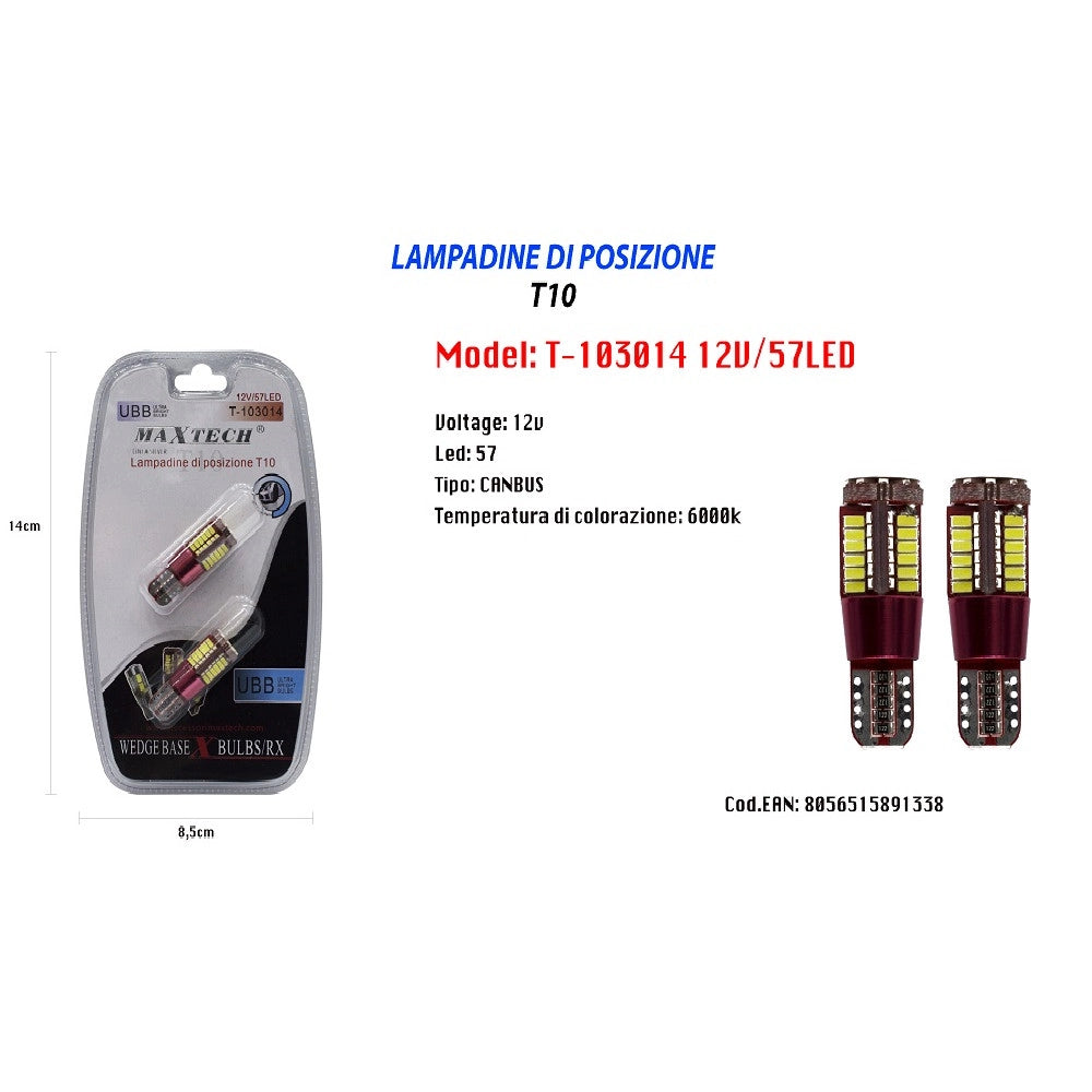 Trade Shop - Lampadine Posizione Canbus T10 12v 57led 6000k Ultra Luminose Maxtech T-103014 -