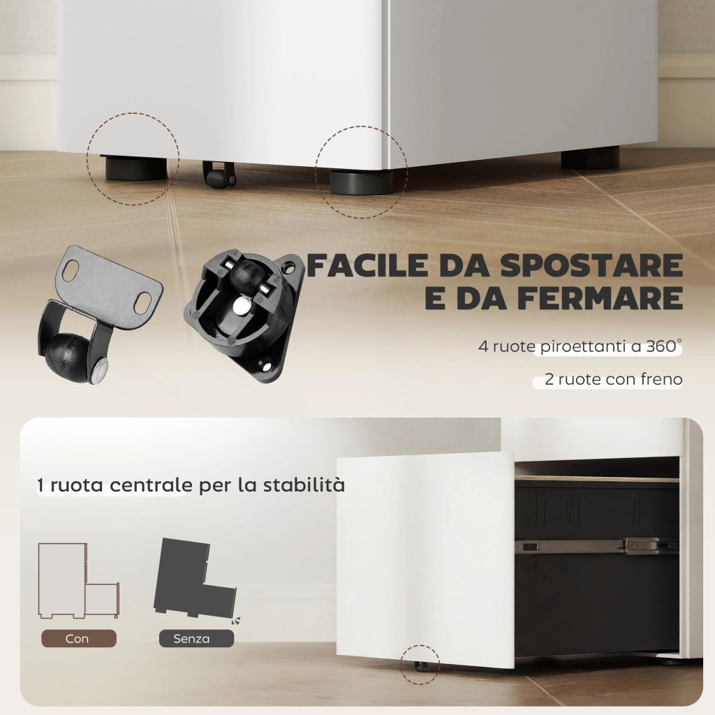 Cassettiera da Ufficio 3 Cassetti in Acciaio con Serratura e Rotelle. 39x48x59cm. Bianco
