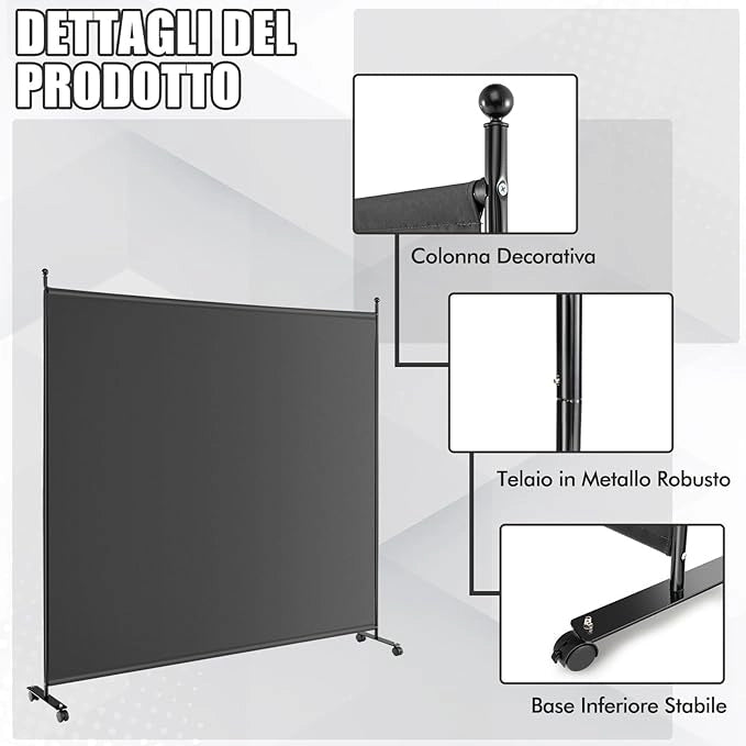 Separé Divisorio Singolo 184 x 184 CM, Paravento da Interno ed Esterno con Ruote Bloccabili, Pannello Divisorio per Ambienti Interni Portatile da Soggiorno Camera da Letto e Ufficio (Grigio)