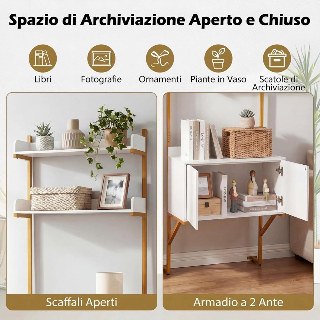 Libreria da Parete Salvaspazio, Scaffale a Scala con Armadietto e 2 Ripiani, Kit Antiribaltamento e Piedini Regolabili, Bordo Rialzato, Espositore per Soggiorno, Ufficio e Camera da Letto