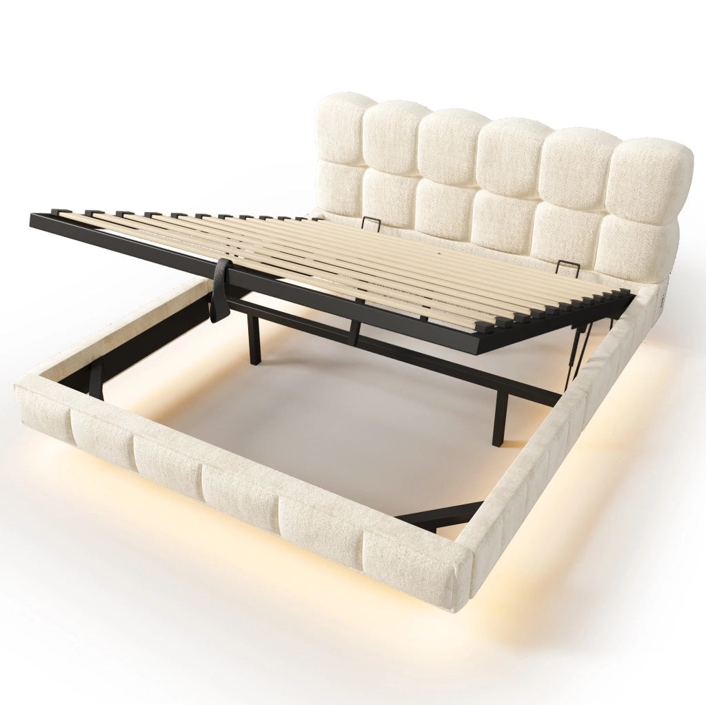 Letto imbottito 140x200 cm con contenitore, LED e USB in ciniglia beige