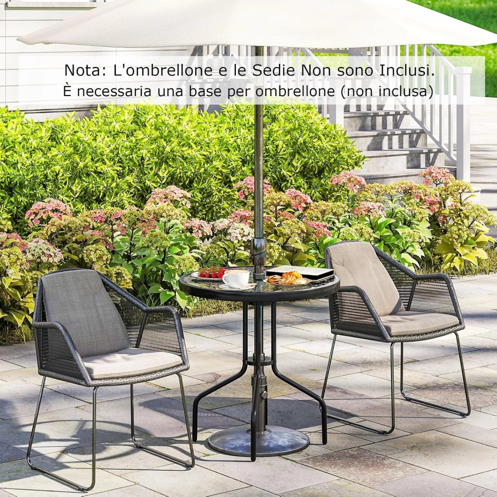 Tavolo da Giardino Rotondo 70 cm, Tavolino da Balcone in Vetero e Metallo, con Foro per Ombrellone 4 cm, per Giardino Patio Cortile, Portata 50 kg (70 x 70 cm)