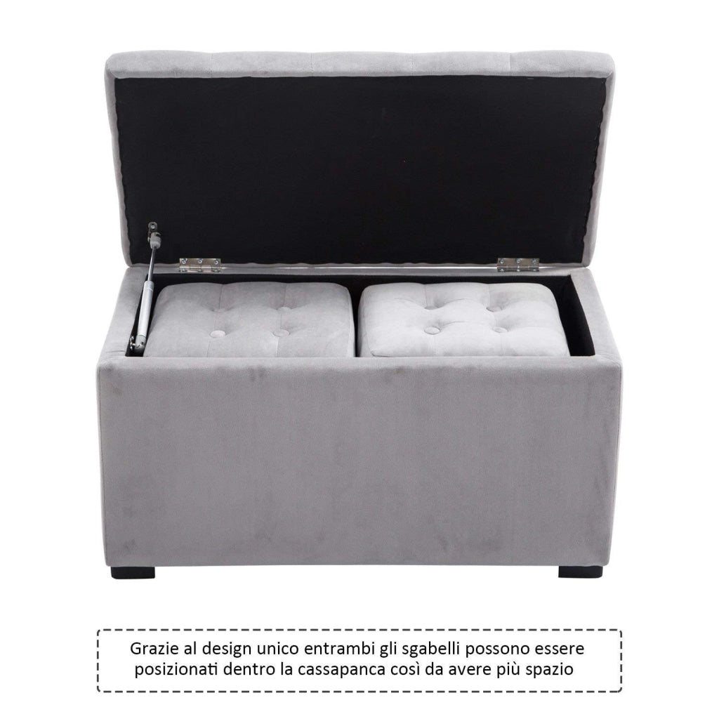 Panca Portaoggetti Set di 3 Pezzi con 2 Sgabelli Pouf in Velluto ¨C zephmum ¨C Grigio Perla