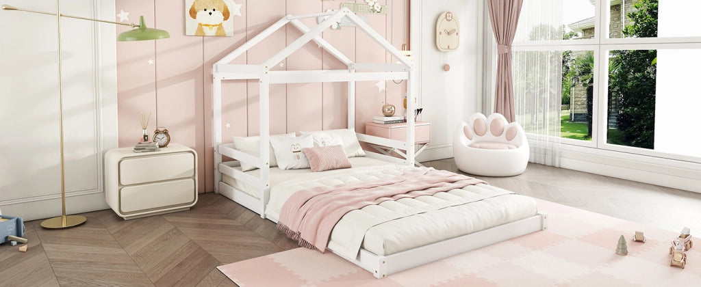 DESMIU Letto a casetta Letto bambino 140 × 200 cm 2 posti, basso, senza materasso, in pino e MDF, bianco
