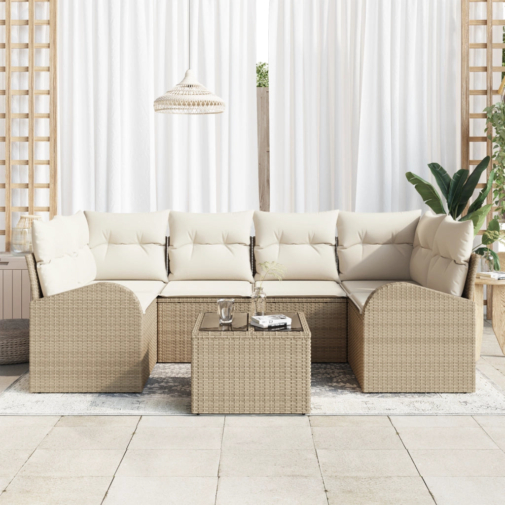 Set Divano da Giardino 7 Pezzi con Cuscini Beige Polyrattan