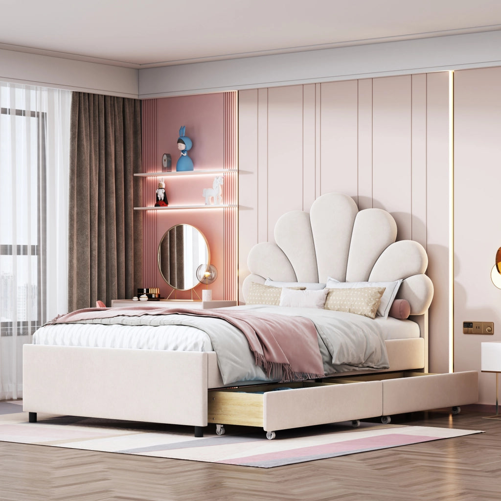 Letto per Bambini 90×200 cm con 2 Cassetti e Testiera Floreale; senza Materasso; Beige; Velluto