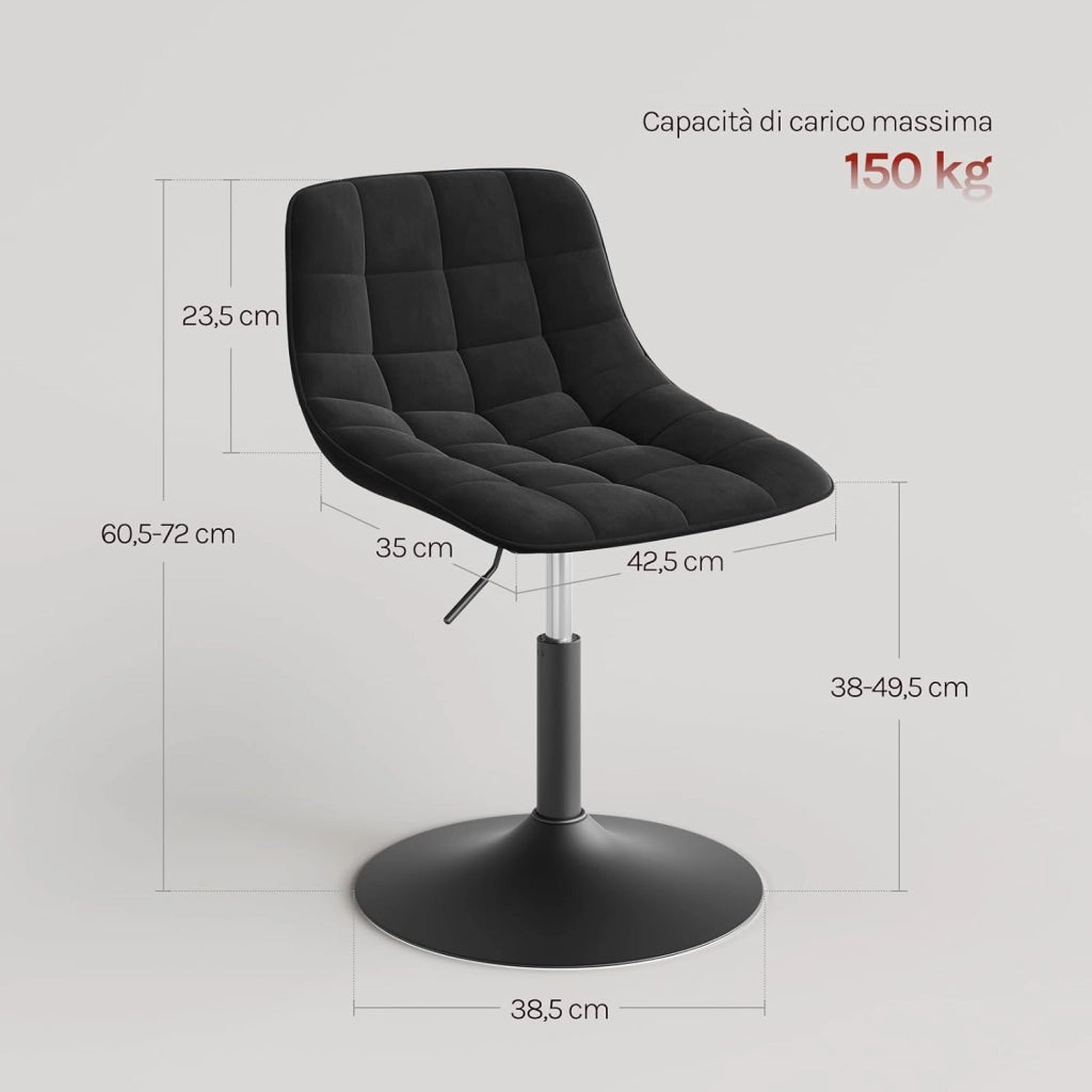 2X Sgabelli da trucco Sgabelli per Tavolo da Trucco Sedia Alta da Cucina Girevole 360° in Velluto con Schienale Altezza Regolabile Sgabello Moderno, Nero, 38-49.5cm