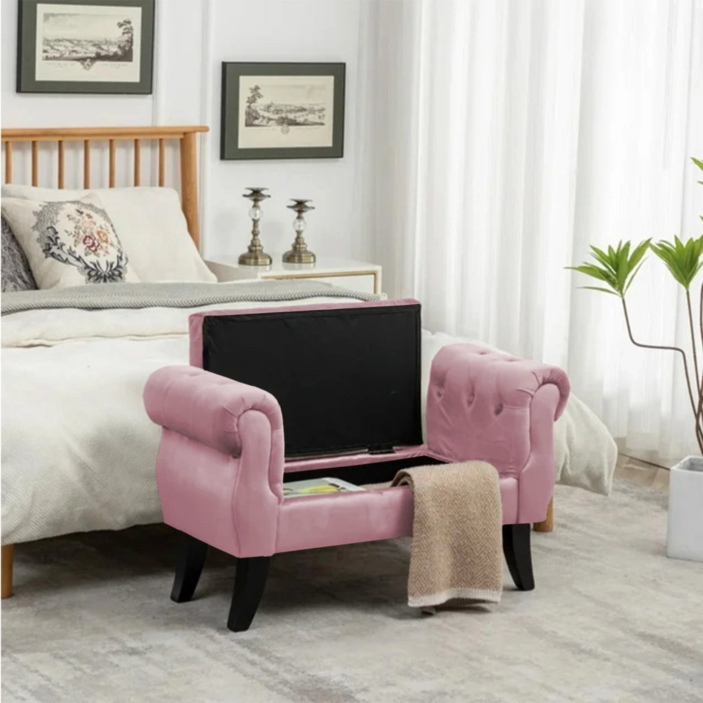 Divanetto In Velluto Panca Contenitore Pouf PortaOggetti Panca Sgabello A Pie Di Letto Cassapanca Ingresso Legno Massello Panchina - RosaAntico