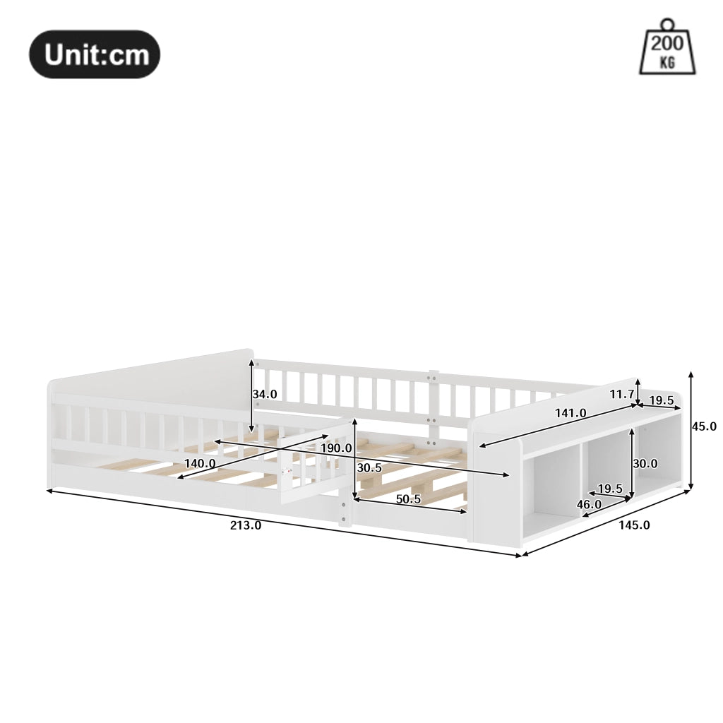 DESMIU Letto Bambino 140 × 190 cm 2 Posti con Vani Aperti, Ripiani e Sponda Apribile, Senza Materasso