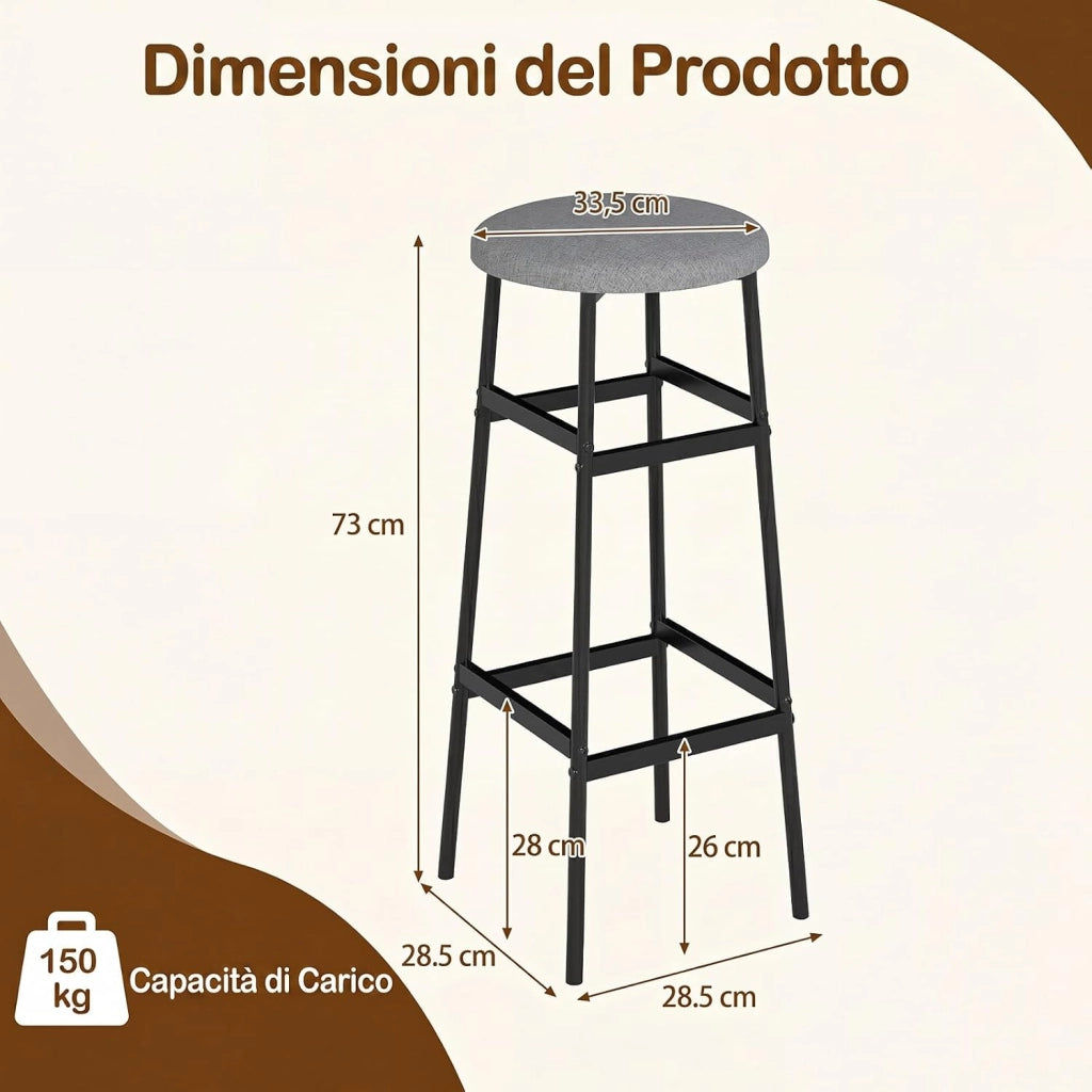 Set di 2 Sgabelli Alti Rotondi da Bar (Grigio) | Sgabelli con Seduta Imbottita, Pioggiapiedi Ergonomico, Portata 150 kg per Cucina e Sala da Pranzo, 33,5 x 33,5 x 73 cm