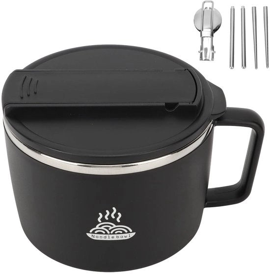 Bowl per Ramen, 1200 ml, Bicchiere per Instant Noodle con coperchio, Termo con forchetta e cucchiaio, Borsa per pranzo in acciaio inossidabile, Bicchiere per colazione, Ciotola per mescolare, Bicchieri per Udon Noodle (nero)