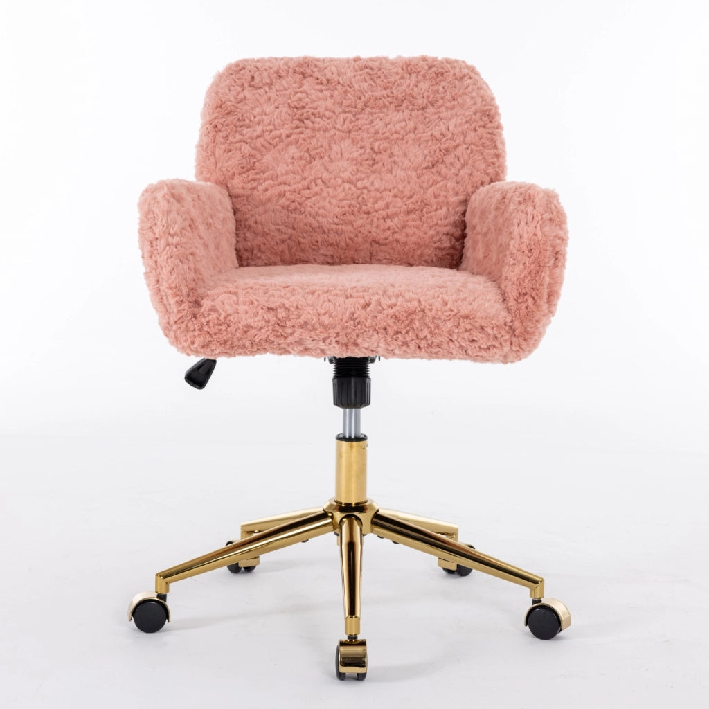 Sedia da ufficio girevole, sedia da toeletta, imitazione pelliccia di coniglio, altezza regolabile, base in metallo, rosa