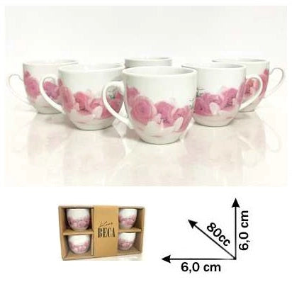 Set 6 Tazzine Tazze da Caffè in Ceramica senza Piattini Rose