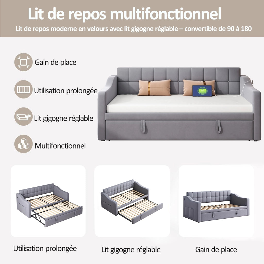 OKWISH Letto Estraibile 2 Posti, Letto Singolo con USB e Tasca Portaoggetti, 90×190 cm e 180×190 cm, senza Materasso, Velluto Grigio