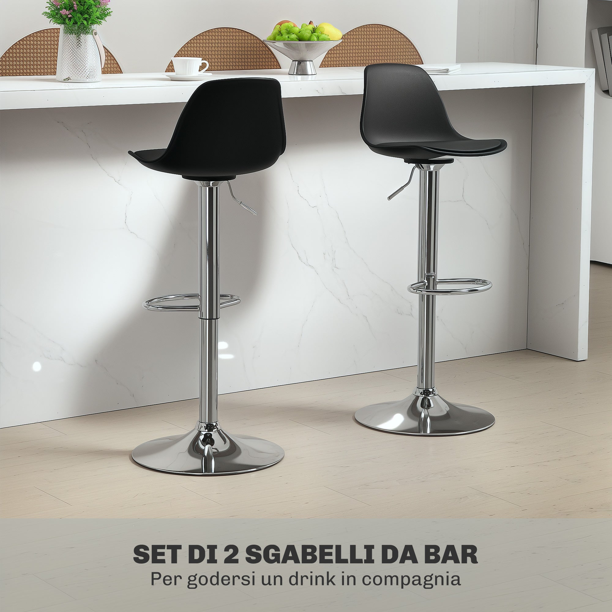Set 2 Sgabelli da Bar 38x42x82-104 cm con Schienale e Poggiapiedi in PP Pelle PU e Acciaio Nero