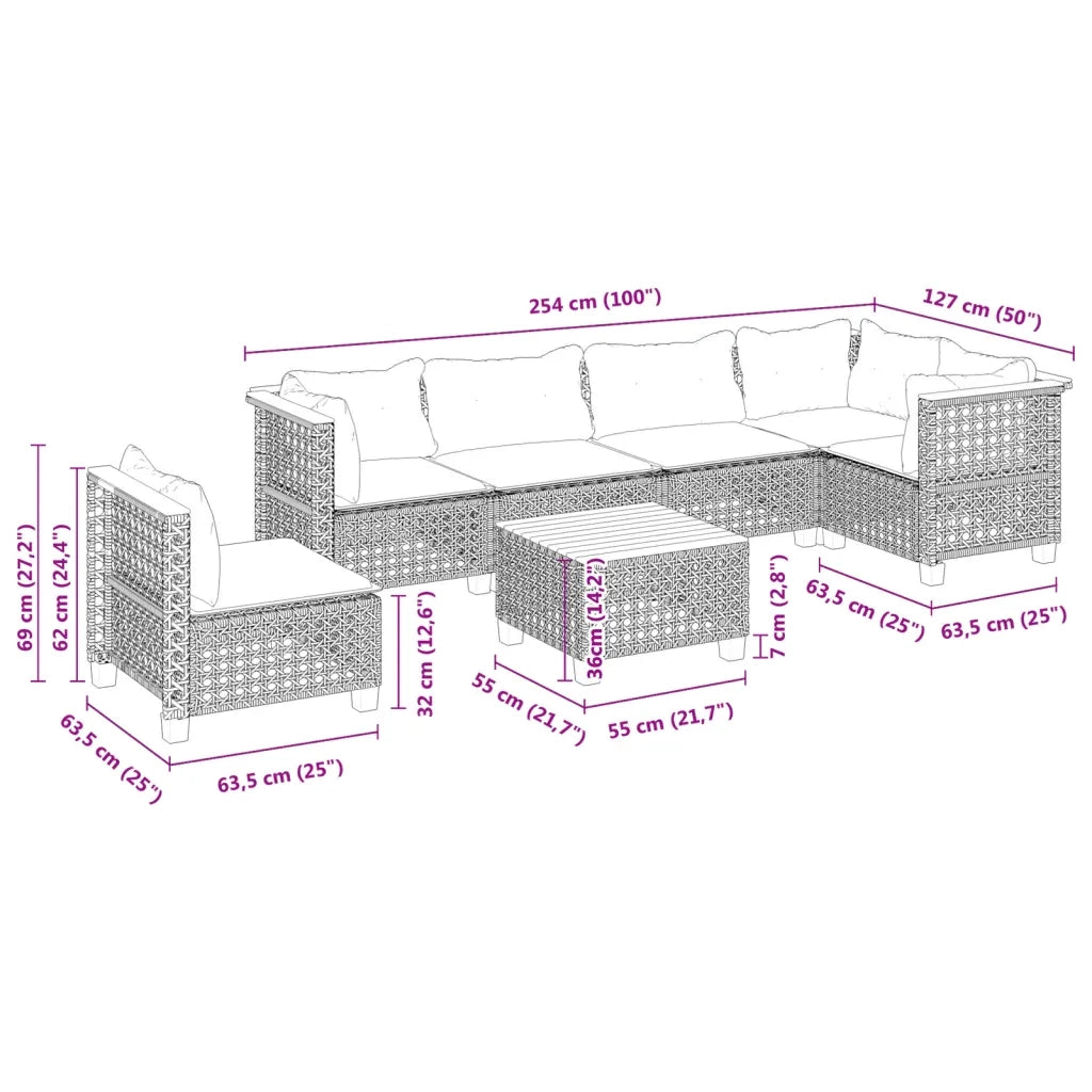 Set Divani da Giardino 7 pz con Cuscini Grigio in Polyrattan