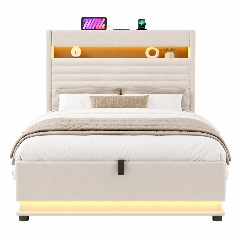 Letto imbottito 90x200 cm con contenitore idraulico; LED e porte USB/Type-C; beige