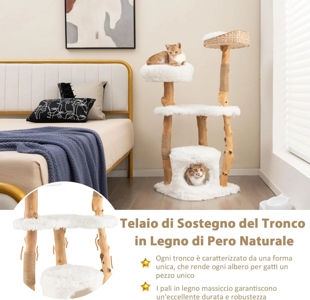 Albero per Gatti in Legno Alto 124 cm, Albero Tiragraffi per Gatti in Legno Massello con Pali di Corda di Juta, Torre Moderno per Animali Domestici Interni a 5 Livelli (Bianco)
