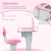Set Scrivania e Sedia per Bambini 6-12 Anni ad Altezza Regolabili, Banco Scuola con Lampada, Cassetto, Gancio, Portapenne e Leggio, Set Banco con Sedia per Bambini in Acciaio e MDF, Rosa