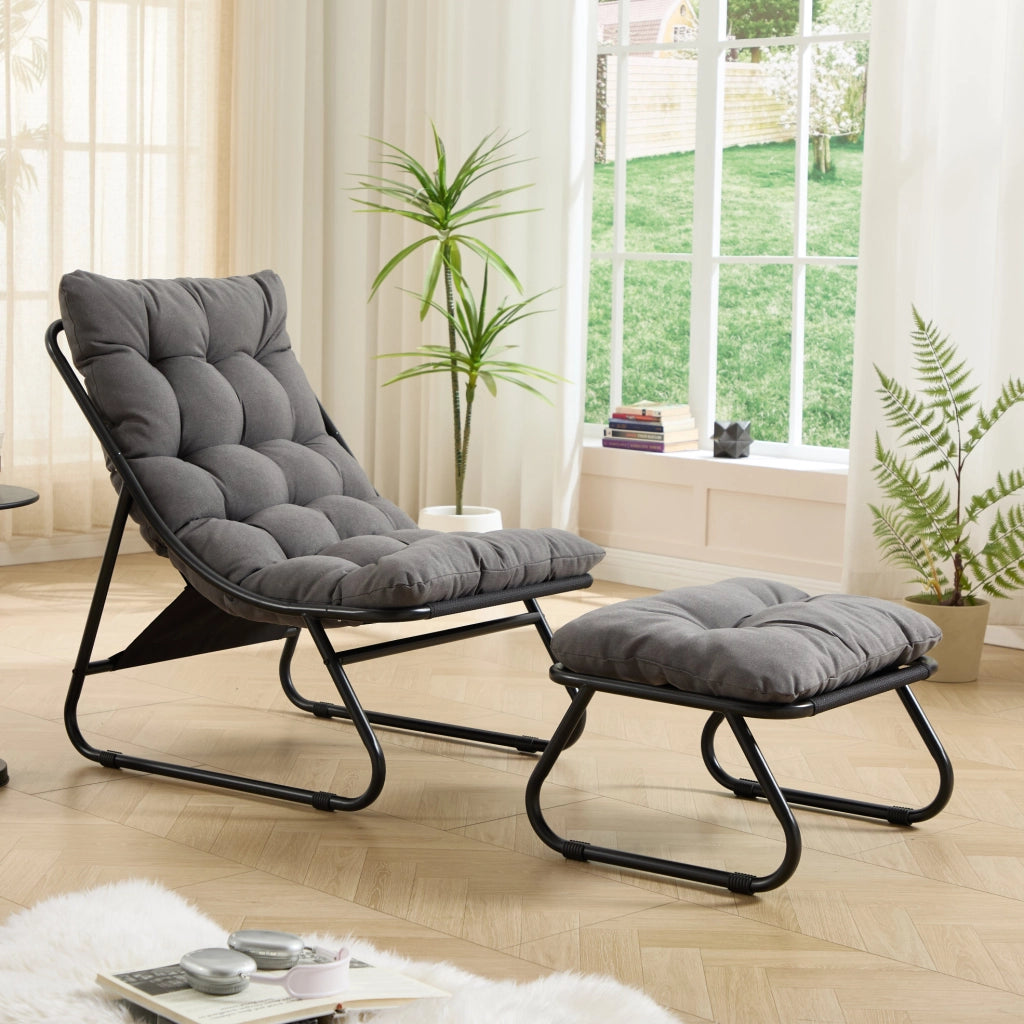 Sedia lounge da esterno con pouf in acciaio nero/grigio