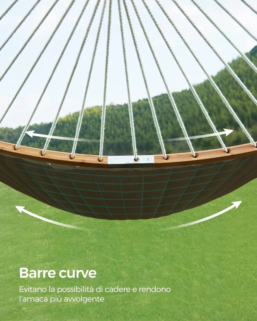 SONGMICS Amaca Doppia Imbottita, Amaca da Campeggio Giardino con Barre Curve in Bambù Separabili, con Cuscino, 200 x 140 cm, Max Portata 225 kg, Crema e Beige GDC34BE