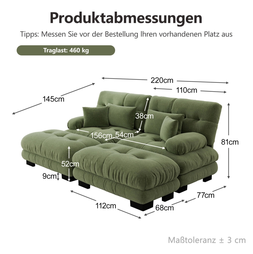 Divano modulare in chenille verde con 2 pouf mobili; 2 cuscini lombari e 2 cuscini decorativi
