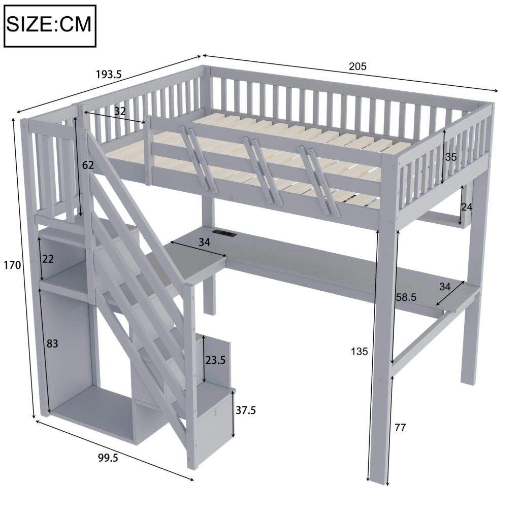 Letto a soppalco 140x200 cm con scrivania; scale contenitore; LED e prese; grigio