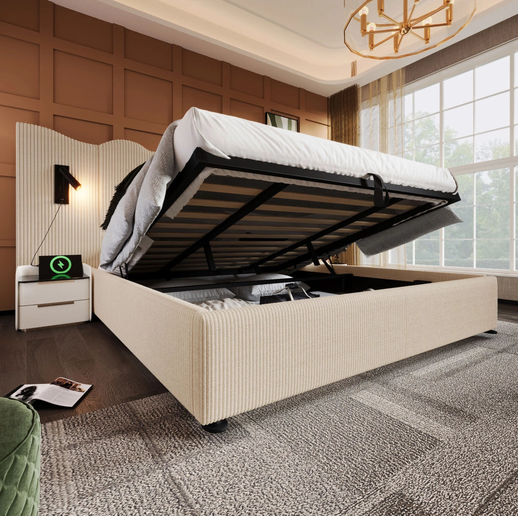 Letto contenitore 180x200 cm con lampada da lettura e USB C; velluto a coste beige