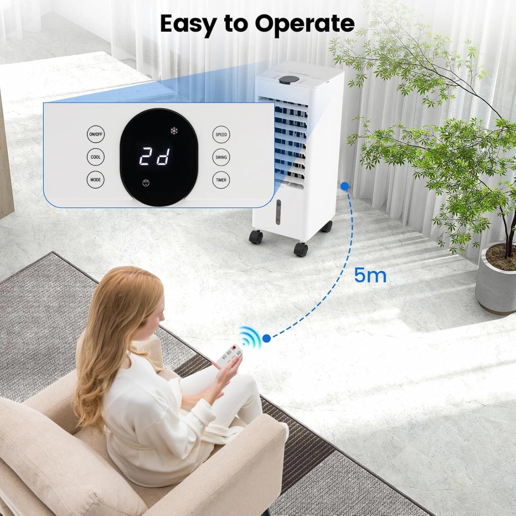Ventilatore Condizionatore, 3 in 1 Ventilatore & Umidificatore & Raffrescatore, 3 Velocità, 2 Serbatoi d'Acqua, Timer 12H, Telecomando, per Salone, Camera da Letto, Ufficio (Bianco)