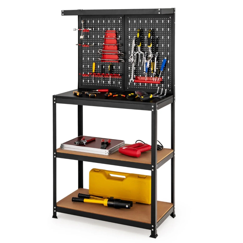 Banco da lavoro 80,5 x 41 x 155 cm con 2 pannelli forati e 13 accessori sospesi design elegante e robusto in acciaio nero e MDF 20_0014741