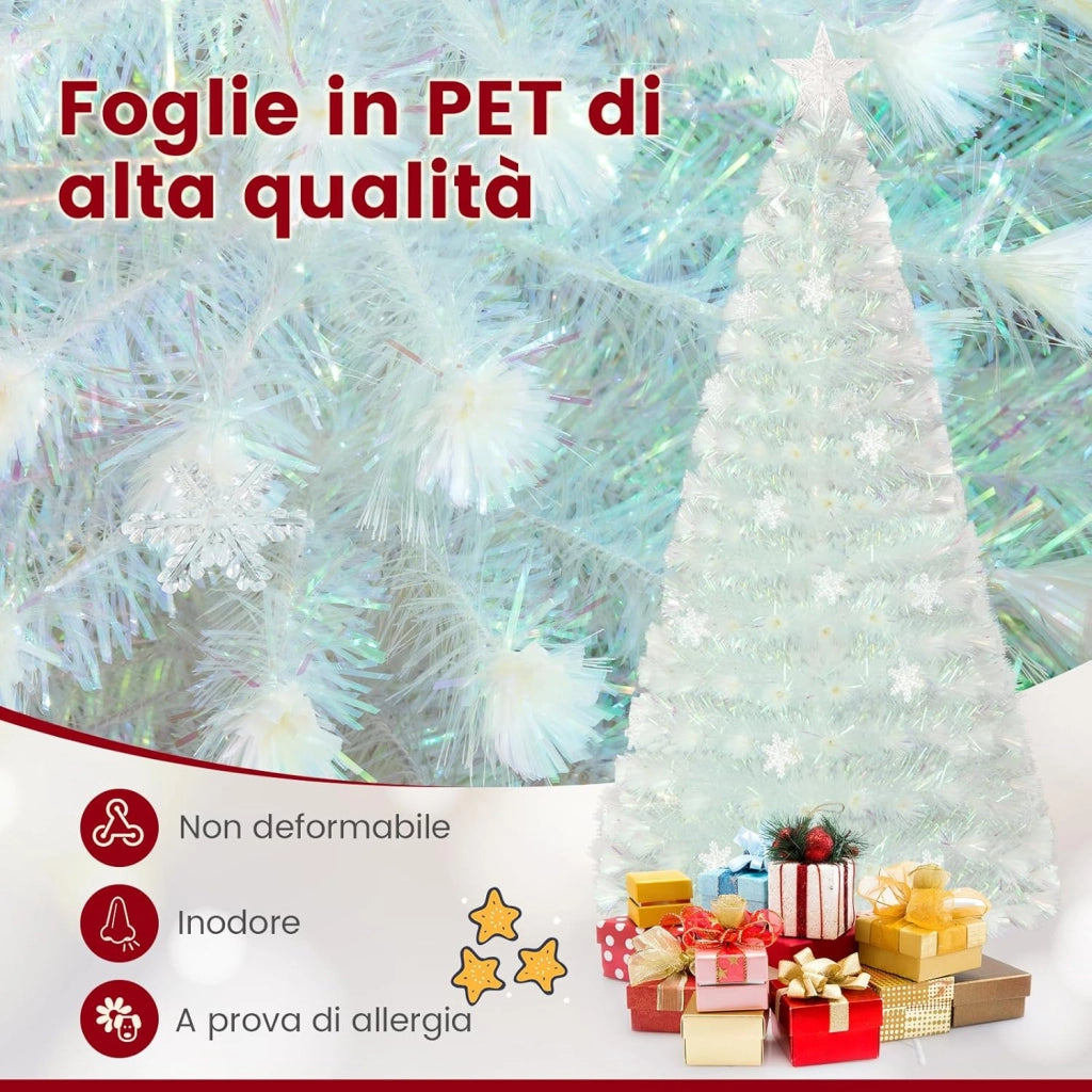 Albero di Natale Pre-illuminato in Fibra Ottica da 120/150/180cm, Albero di Natale Bianco con Foglie Iridescenti, Luci a LED a Fiocco di Neve Multicolore, Luce Superiore a Stella (180 CM)