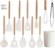 Set di manici per cucina in legno naturale a 11 pezzi con manici in silicone - spatola, cucchiaio, utensili da cucina - bianco