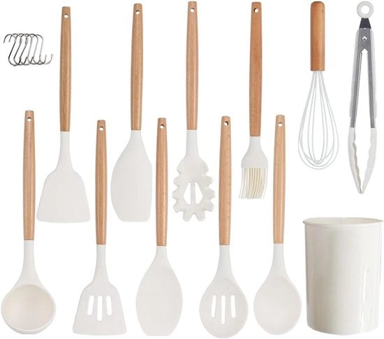 Set di manici per cucina in legno naturale a 11 pezzi con manici in silicone - spatola, cucchiaio, utensili da cucina - bianco