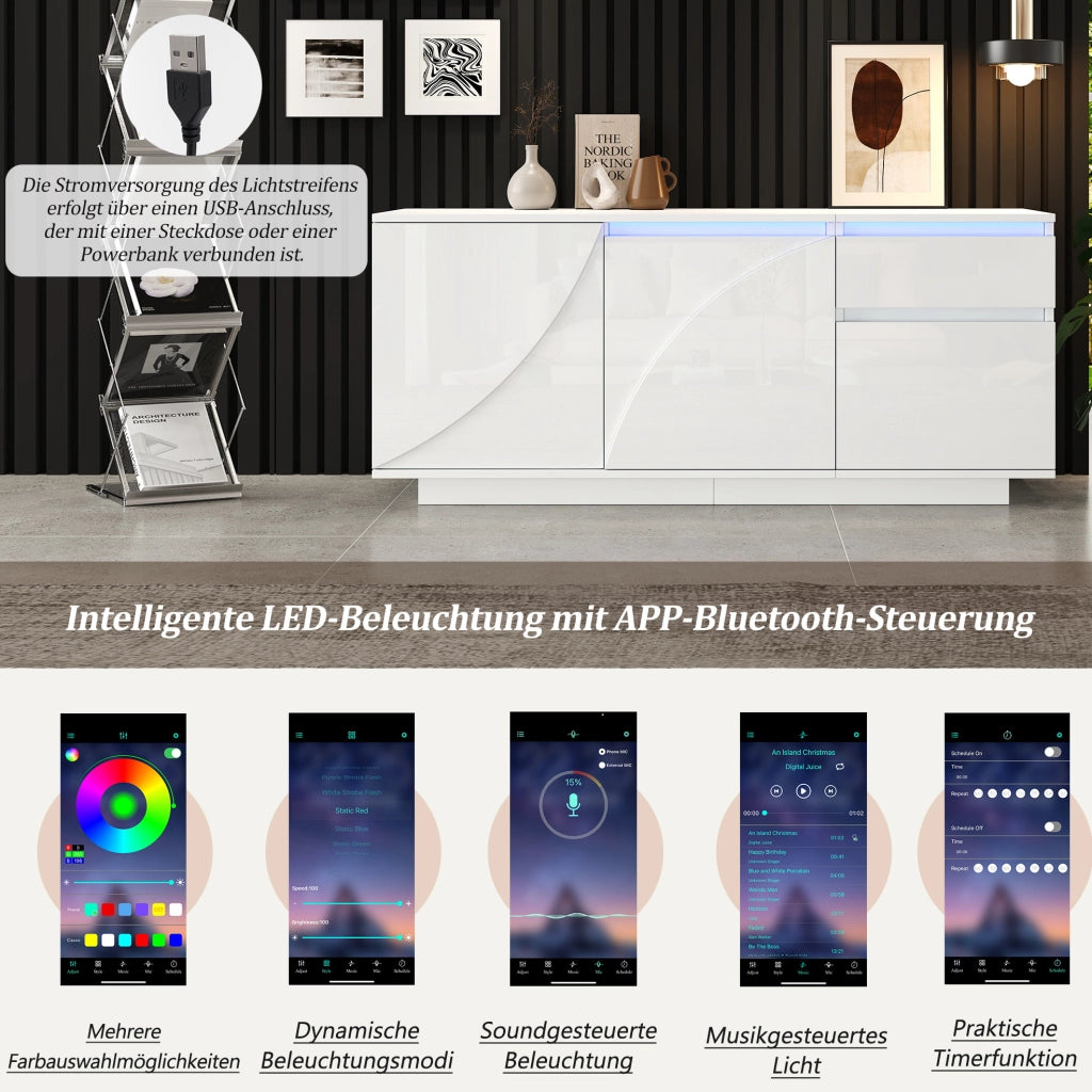 Credenza con LED, 3 ante, 1 cassetto e finitura bianca lucida