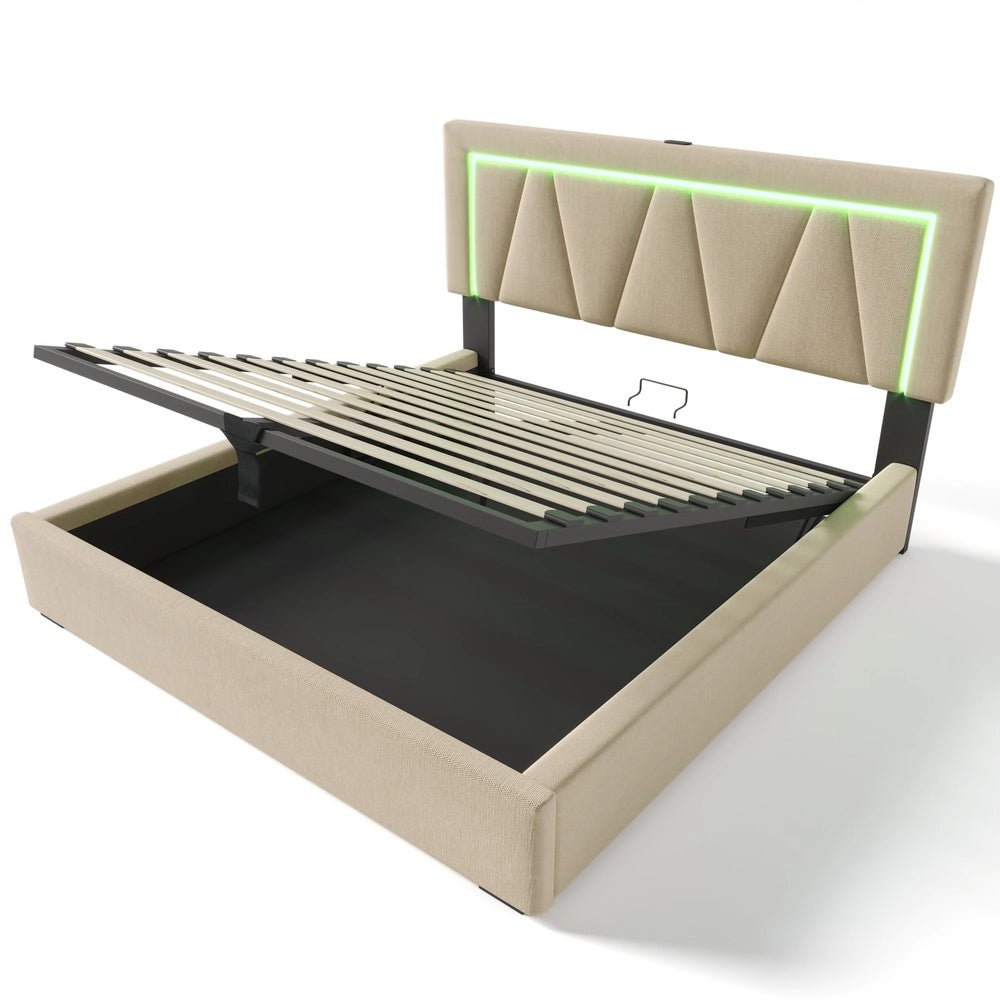 Letto Contenitore Imbottito LED 160x200 con USB ¨C MINIMAL ¨C Tessuto Grigio