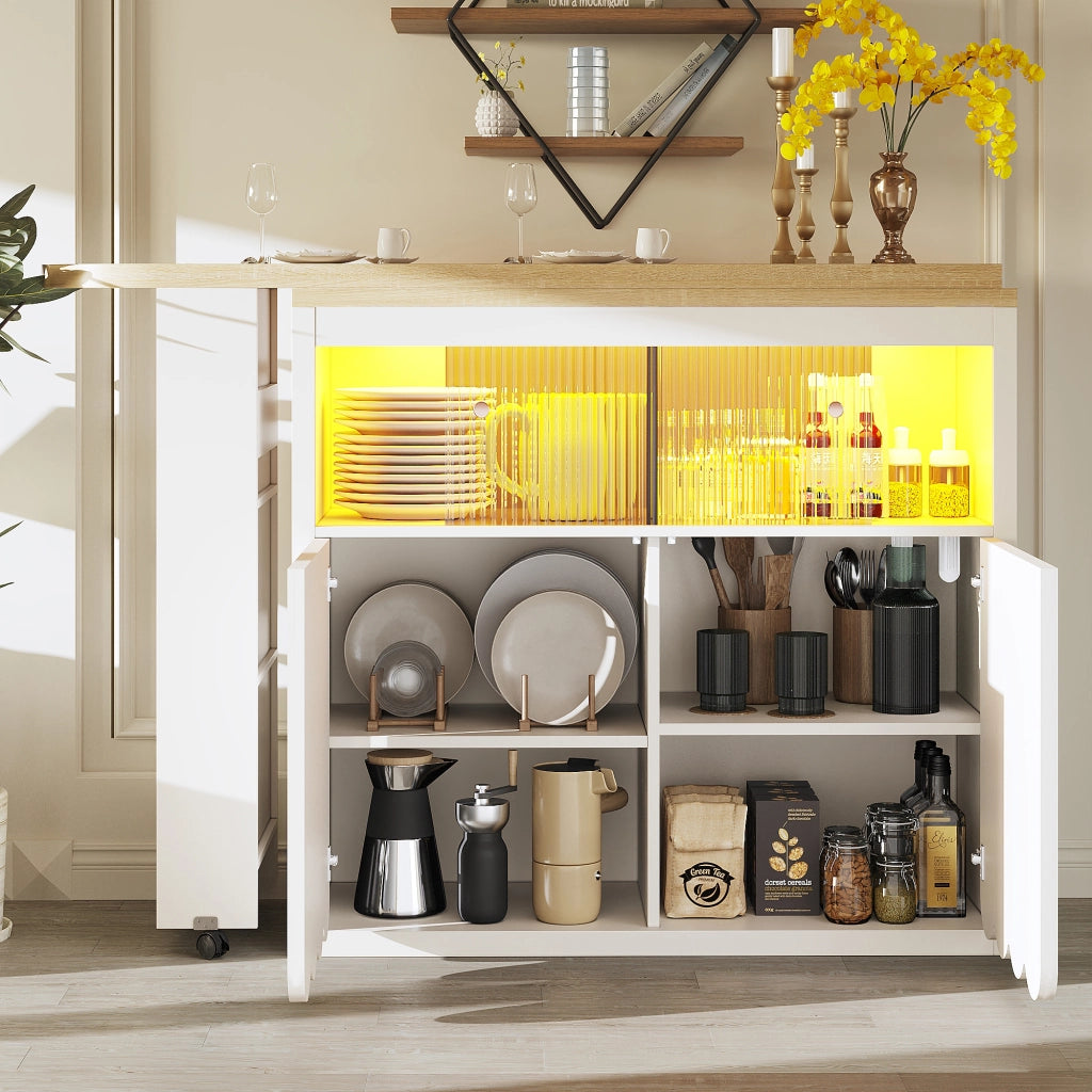 TAVOLO BAR MOBILE 135-205x39x100 cm BIANCO MDF e VETRO LED